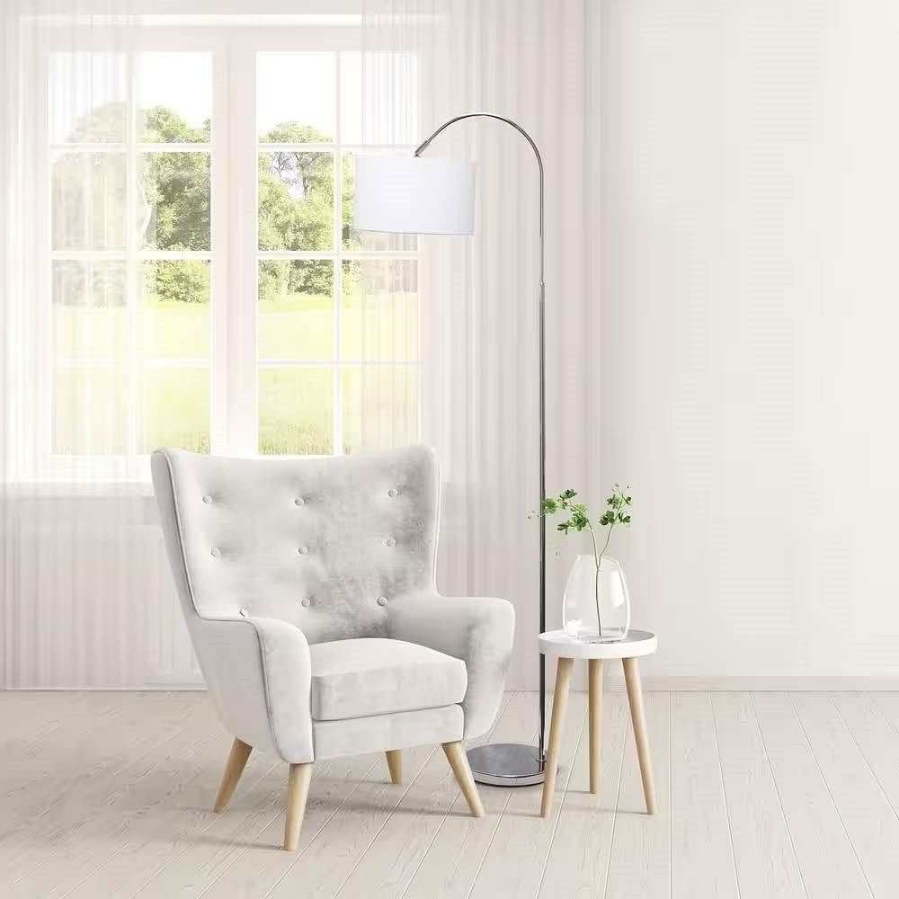 Modern Mid-Century Floor Lamp in Brushed Nickel Finish with White Drum Shade - Free Shipping