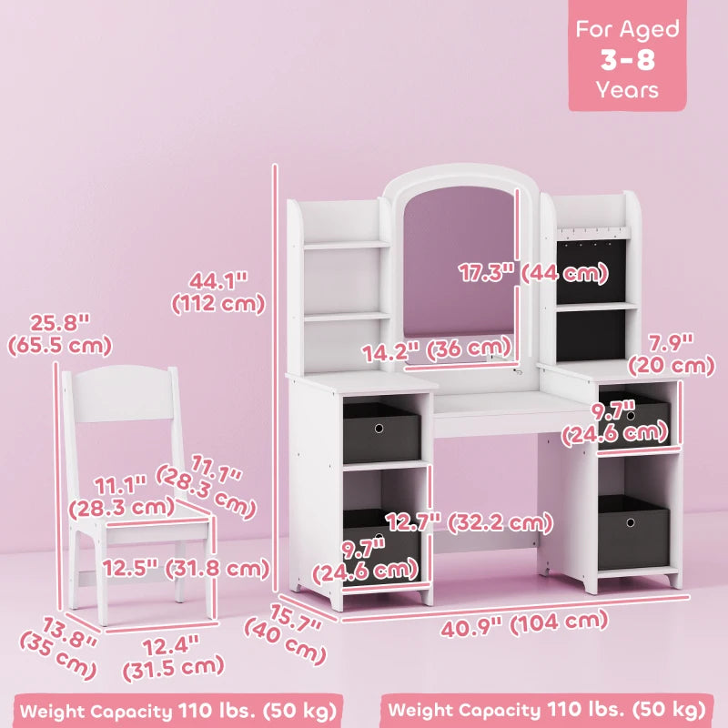 Qaba Kids Vanity Table and Chair Set, Toddler Dressing Table and Chair Set with Lighted Mirror and Storage Space for Little Girls, White