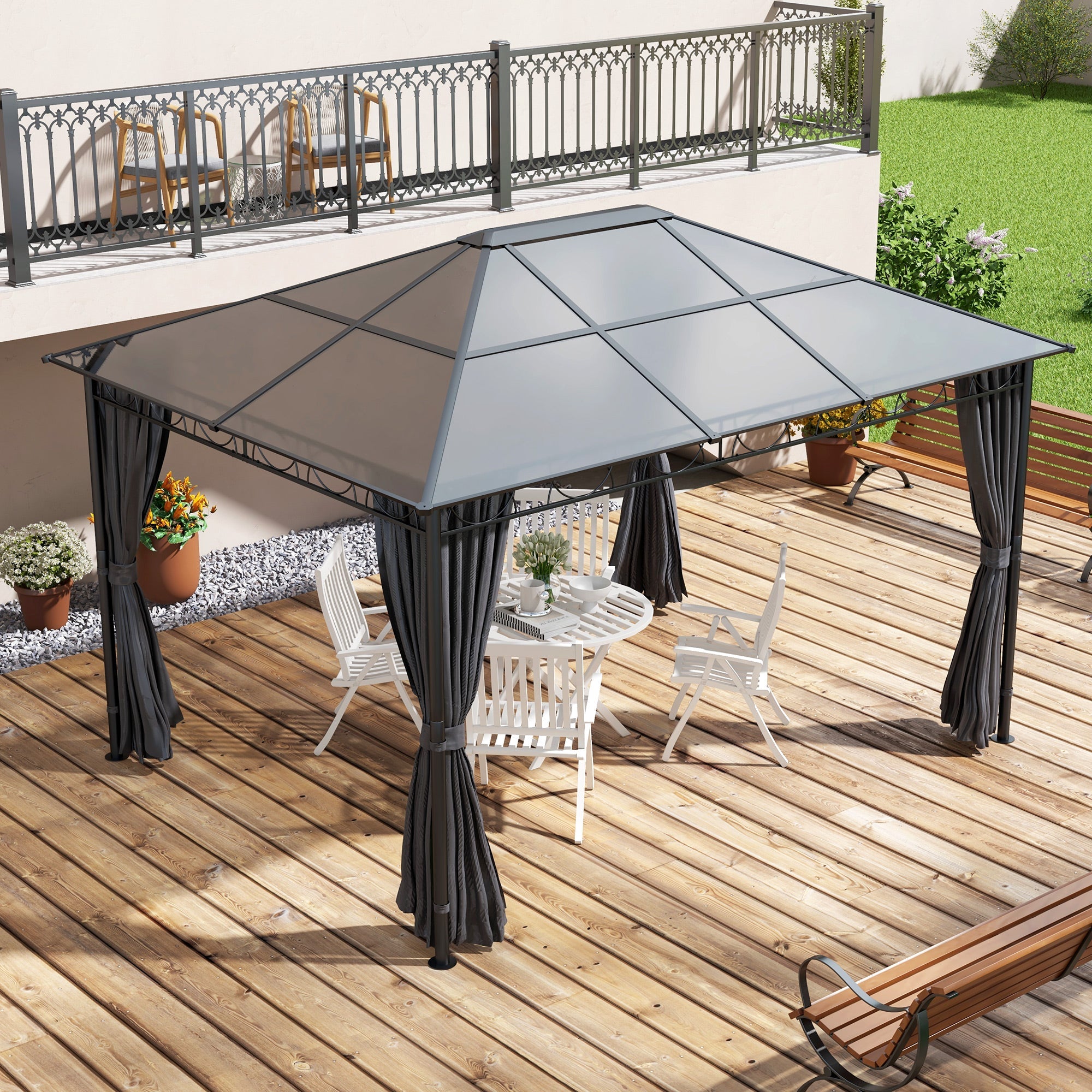 Outsunny 10' x 10' Polycarbonate Hardtop Gazebo Canopy, Outdoor Patio Gazebo with Aluminum Frame & Curtains, Dark Grey 