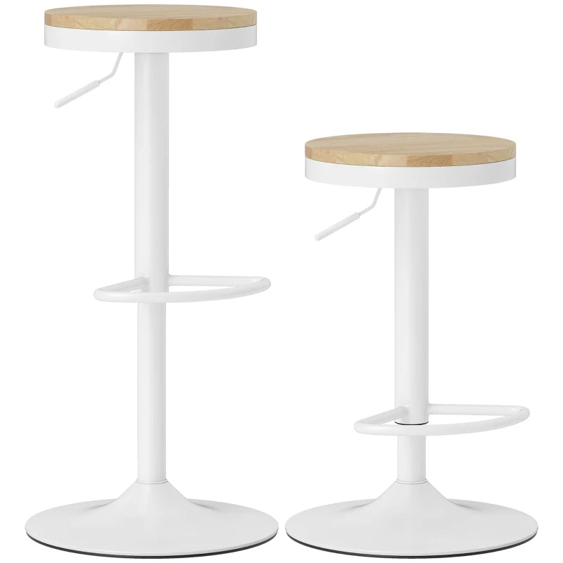 Wood Barstools Set of 2, Swivel Bar Stools with Adjustable Height for Kitchen Counter, Natural Wood and White