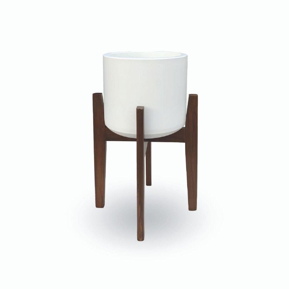 Boni White Mid - Century Cement Planter With Wooden Stand 