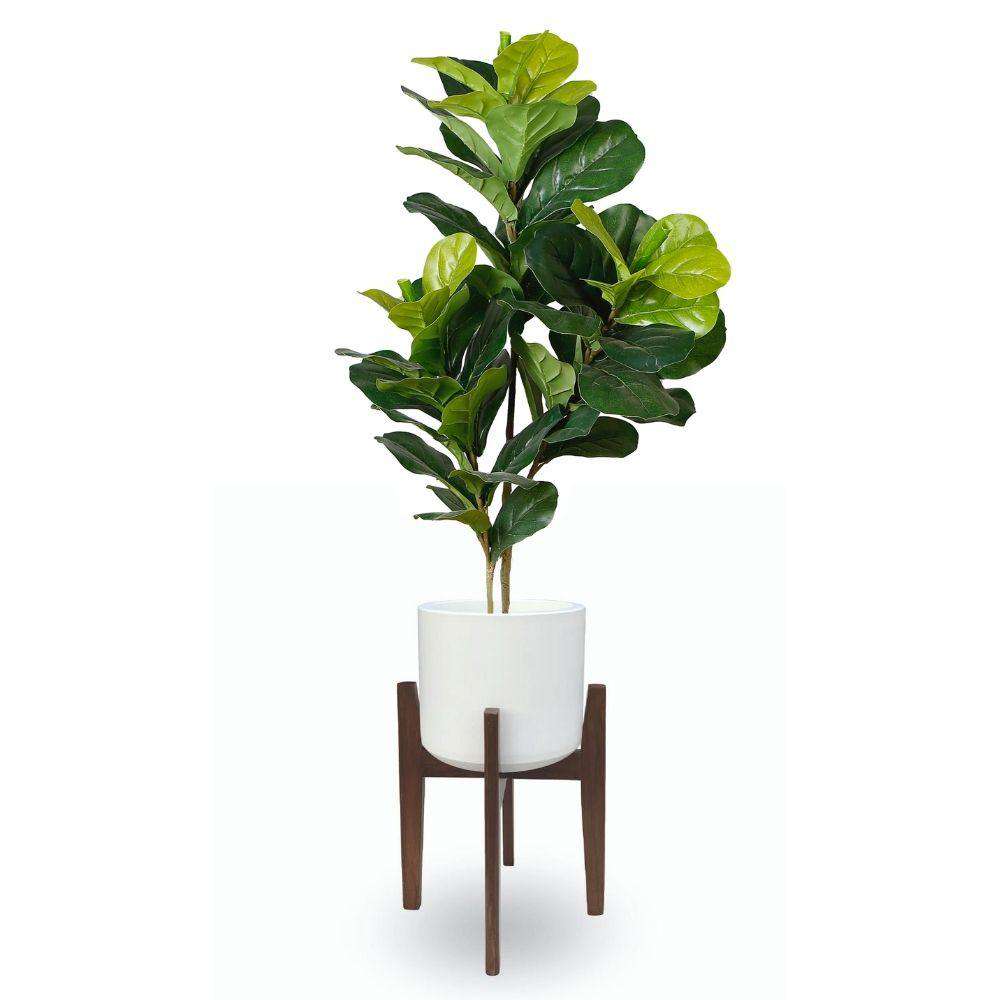 Boni White Mid - Century Cement Planter With Wooden Stand 