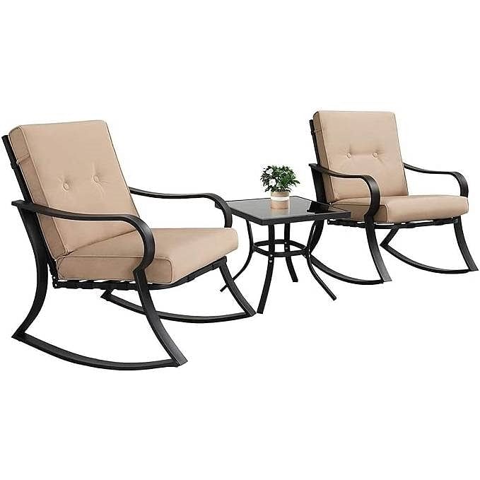 3-Piece Outdoor Patio Furniture Table Rocking Chairs Set with Beige Cushions - Free Shipping 