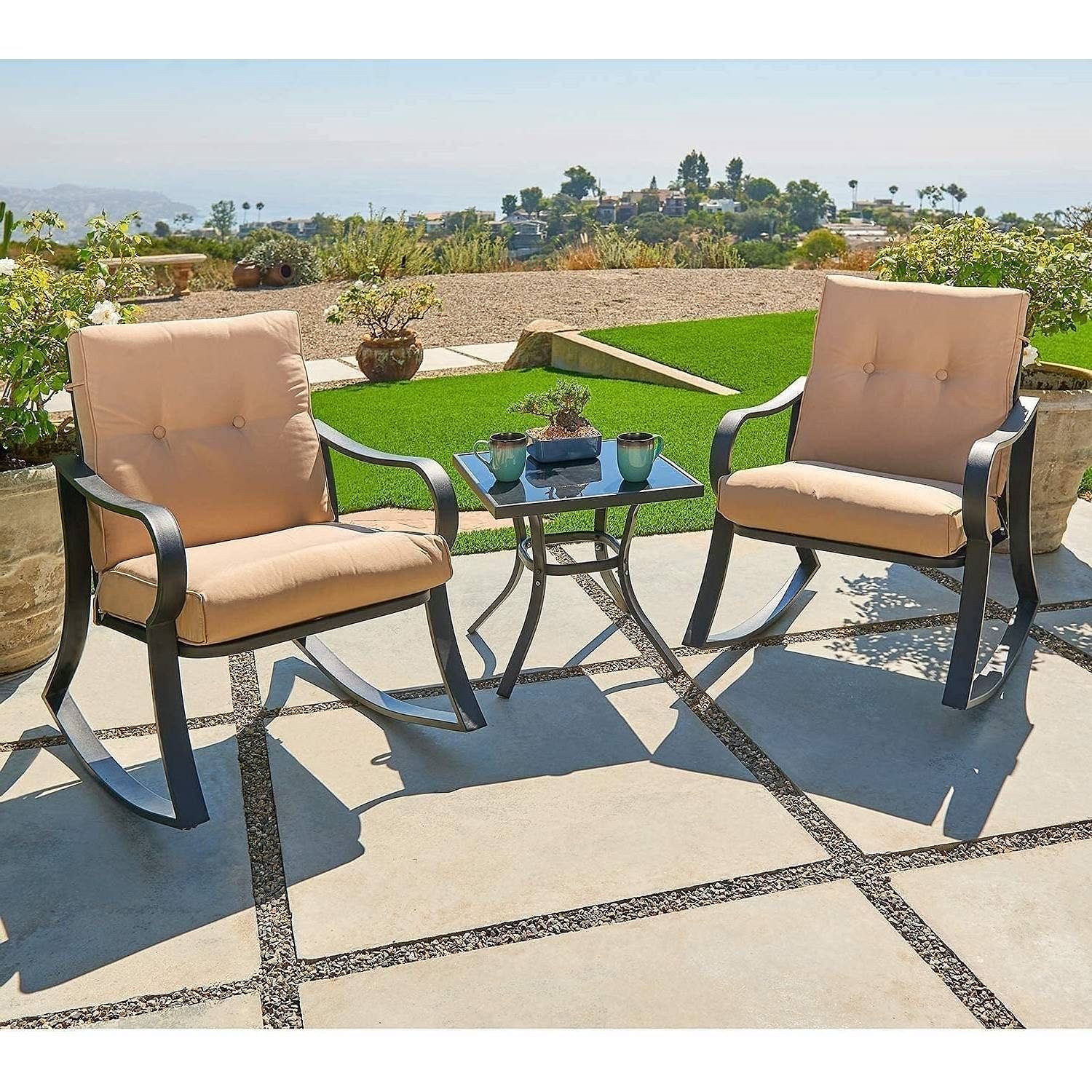 3-Piece Outdoor Patio Furniture Table Rocking Chairs Set with Beige Cushions - Free Shipping