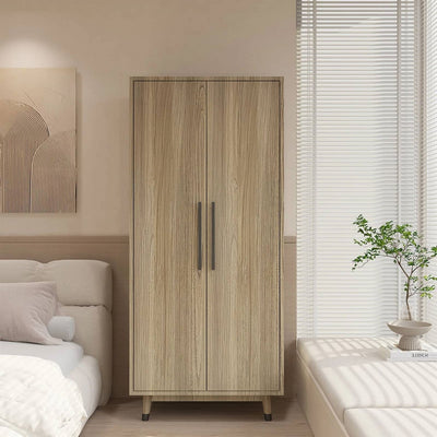 Mid-Century Modern 2-Door Bedroom Armoire Wardrobe Cabinet in Oak Wood Finish - Free Shipping 