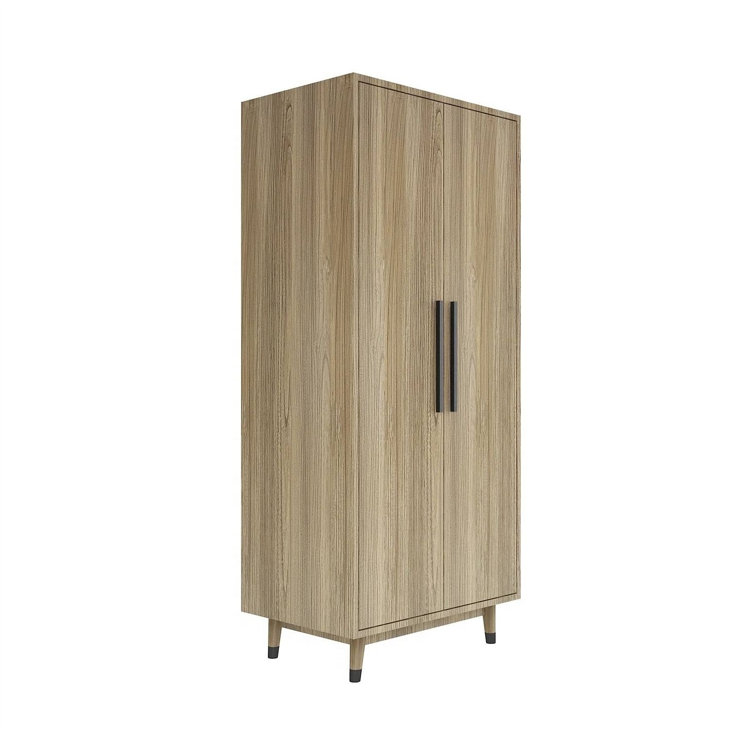 Mid-Century Modern 2-Door Bedroom Armoire Wardrobe Cabinet in Oak Wood Finish - Free Shipping