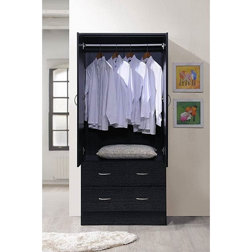 Black 2 Door Wardrobe Armoire with 2 Drawers and Hanging Rod Storage - Free Shipping