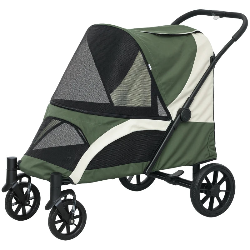 Foldable Pet Stroller for Large Dogs with Four Big Wheels, Shock-Absorbing Frame, Safety Leashes, Brakes, Dark Green