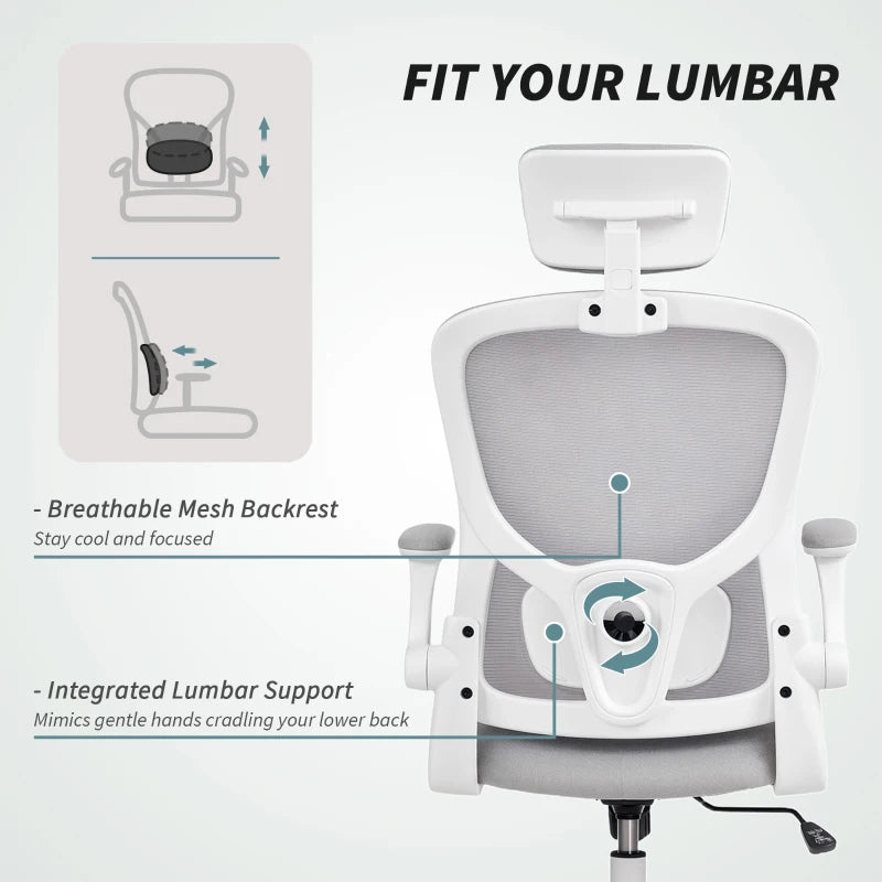 Ergonomic Office Chair, Mesh Desk Chair with Adjustable Headrest, Lumbar Support and Height, Flip-Up Armrests, Grey