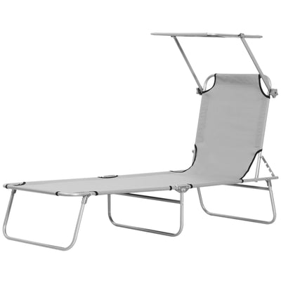 Outsunny Outdoor Lounge Chair Adjustable Folding Chaise Tanning Chair with Sun Shade for Beach Comfort Light Grey 