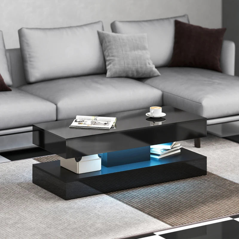Coffee Table with Adjustable LED Lights, Modern Living Room Table with 2 Drawers, Open Shelf, Remote, High Gloss Black