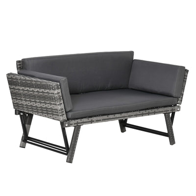 Outsunny Convertible Rattan Sofa Bed Chaise Lounge Wicker Loveseat Armchair Double Seat with Cushion All Weather Patio Furniture Grey 