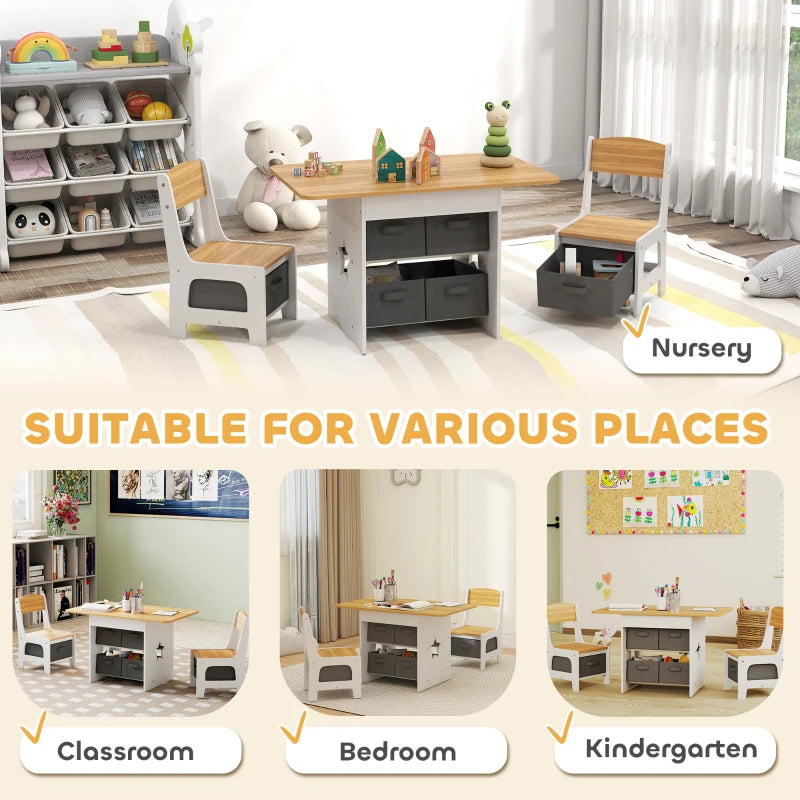 Qaba 3 Piece Kids Table and Chair Set with 6 Removable Drawers, for Classroom, Living Room, Bedroom, Nursery, Natural