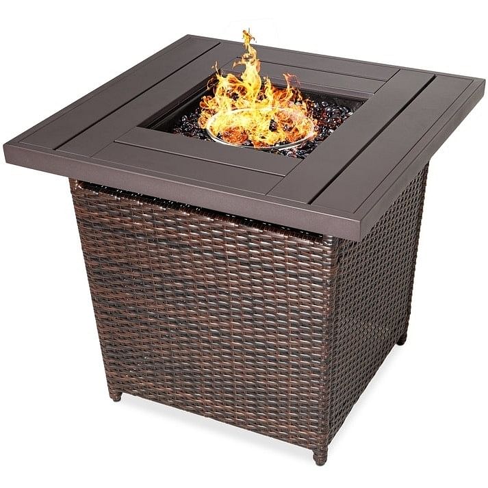 Brown Resin Wicker Fire Pit LP Gas Propane w/ Faux Wood Tabletop and Cover - Free Shipping 