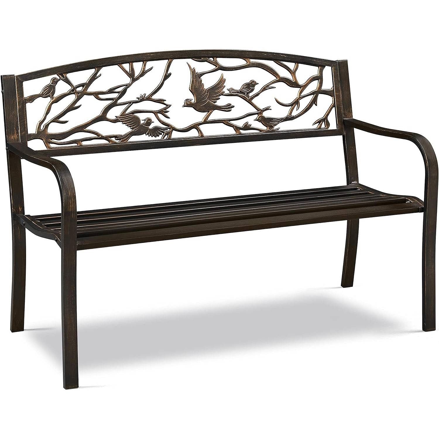 Outdoor Cast Iron Garden Bench in Bronze Metal Finish with Bird Pattern Backrest - Free Shipping 