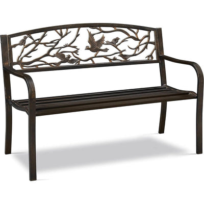 Outdoor Cast Iron Garden Bench in Bronze Metal Finish with Bird Pattern Backrest - Free Shipping 