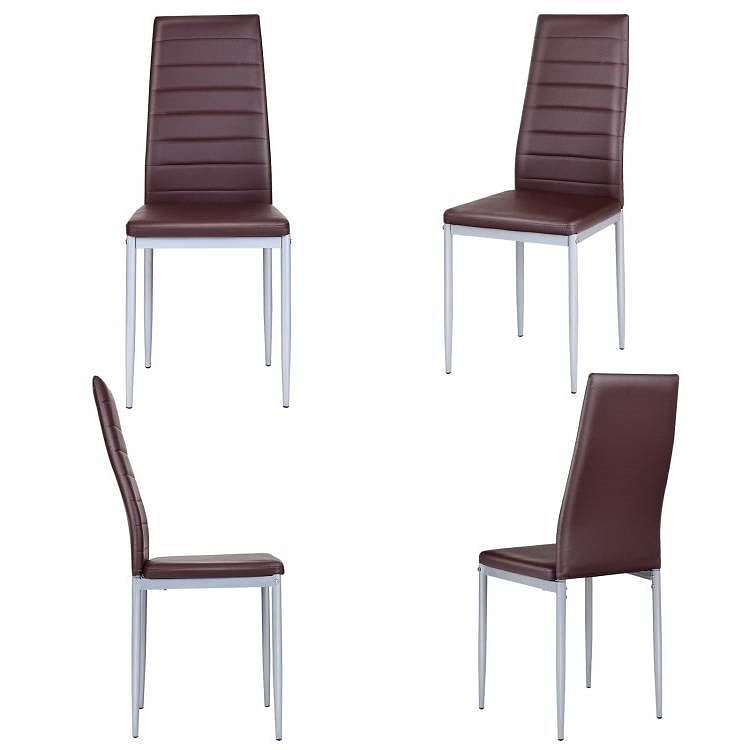 Set of 4 Modern High Back Brown PVC Leather Dining Chairs with Metal Legs - Free Shipping