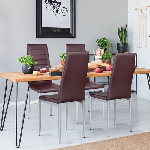 Set of 4 Modern High Back Brown PVC Leather Dining Chairs with Metal Legs - Free Shipping