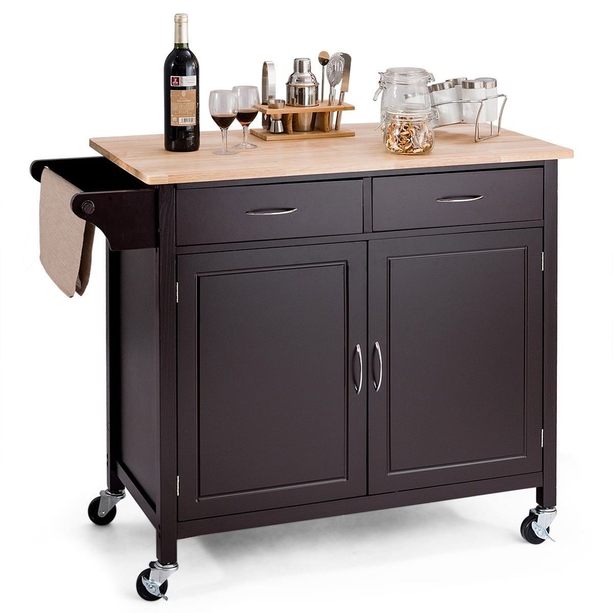 Brown Kitchen Island Storage Cart with Wood Top and Casters - Free Shipping