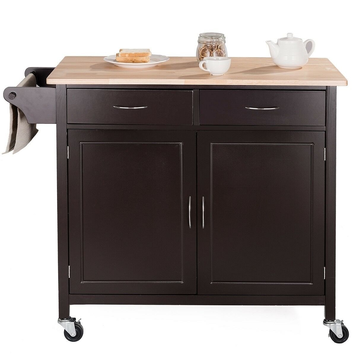 Brown Kitchen Island Storage Cart with Wood Top and Casters - Free Shipping