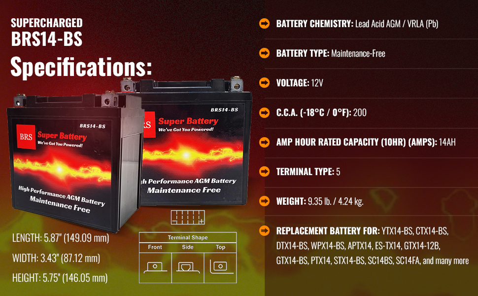 BRS14-BS 12v 14AH 200CCA 30 Day Warranty