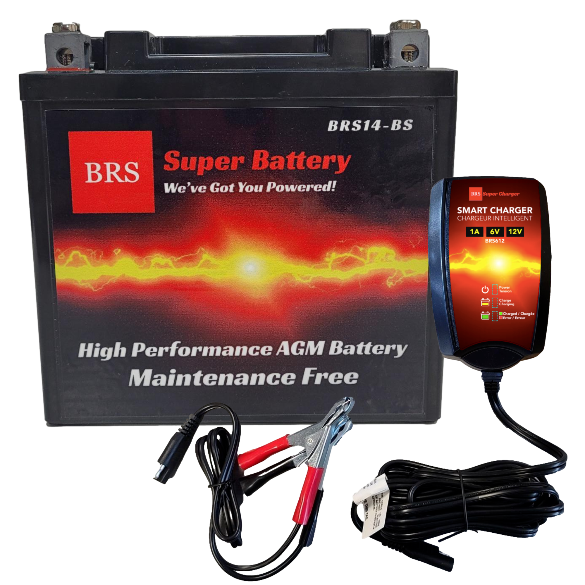 High Performance BRS14-BS 2 Year Warranty & Smart Charger / Maintainer Combo Bundle Kit 12v Sealed AGM PowerSports Battery