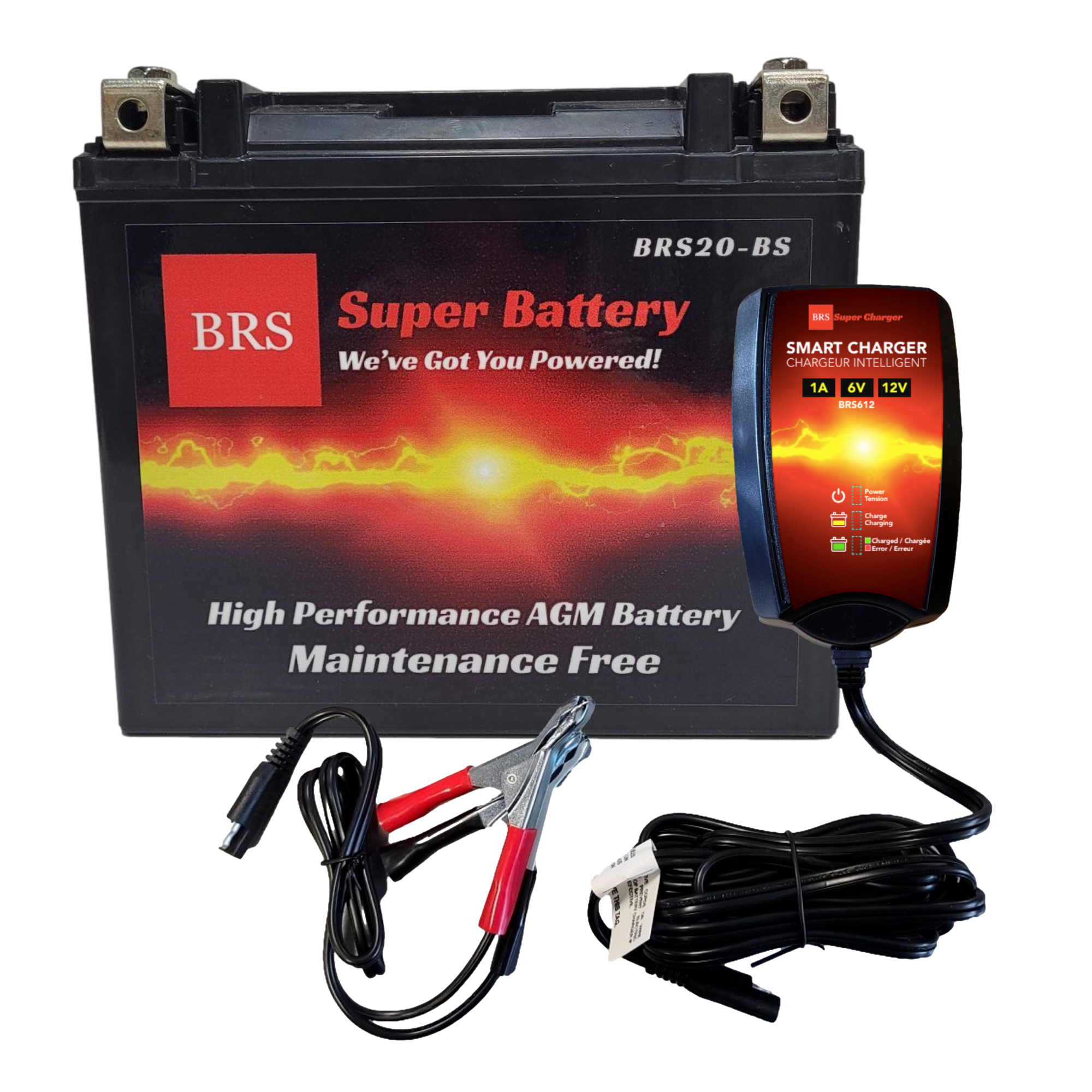 High Performance BRS20-BS 2 Year Warranty & Smart Charger / Maintainer Combo Bundle Kit  12v Sealed AGM PowerSports Battery