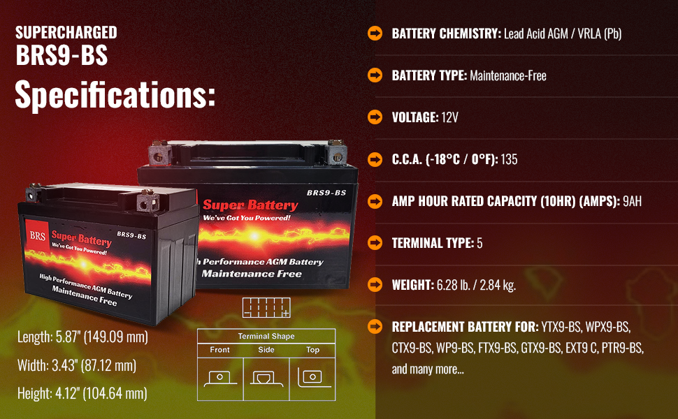 High Performance BRS9-BS 2 Year Warranty & Smart Charger / Maintainer Combo Bundle Kit 12v Sealed AGM PowerSports Battery