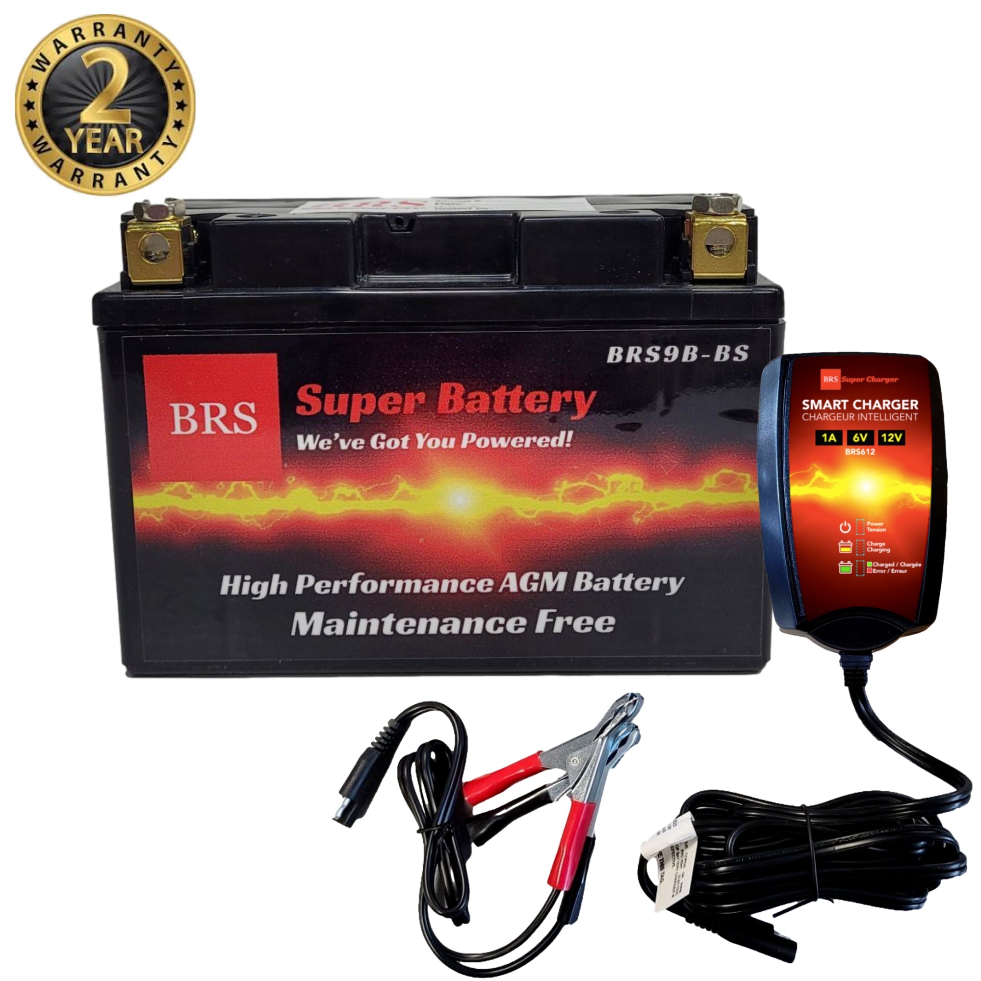 High Performance BRS9B-BS 2 Year Warranty & Smart Charger / Maintainer Combo Bundle Kit 12v Sealed AGM PowerSports Battery
