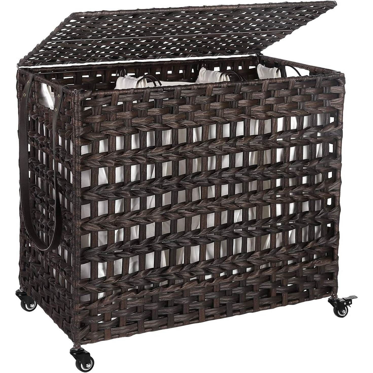 Brown PP Rattan 3-Basket Laundry Hamper Sorter Cart with Removable Cotton Bags - Free Shipping 