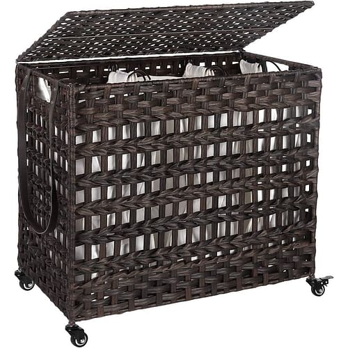 Brown PP Rattan 3-Basket Laundry Hamper Sorter Cart with Removable Cotton Bags - Free Shipping 
