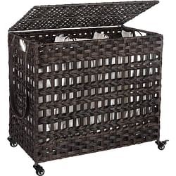 Brown PP Rattan 3-Basket Laundry Hamper Sorter Cart with Removable Cotton Bags - Free Shipping 