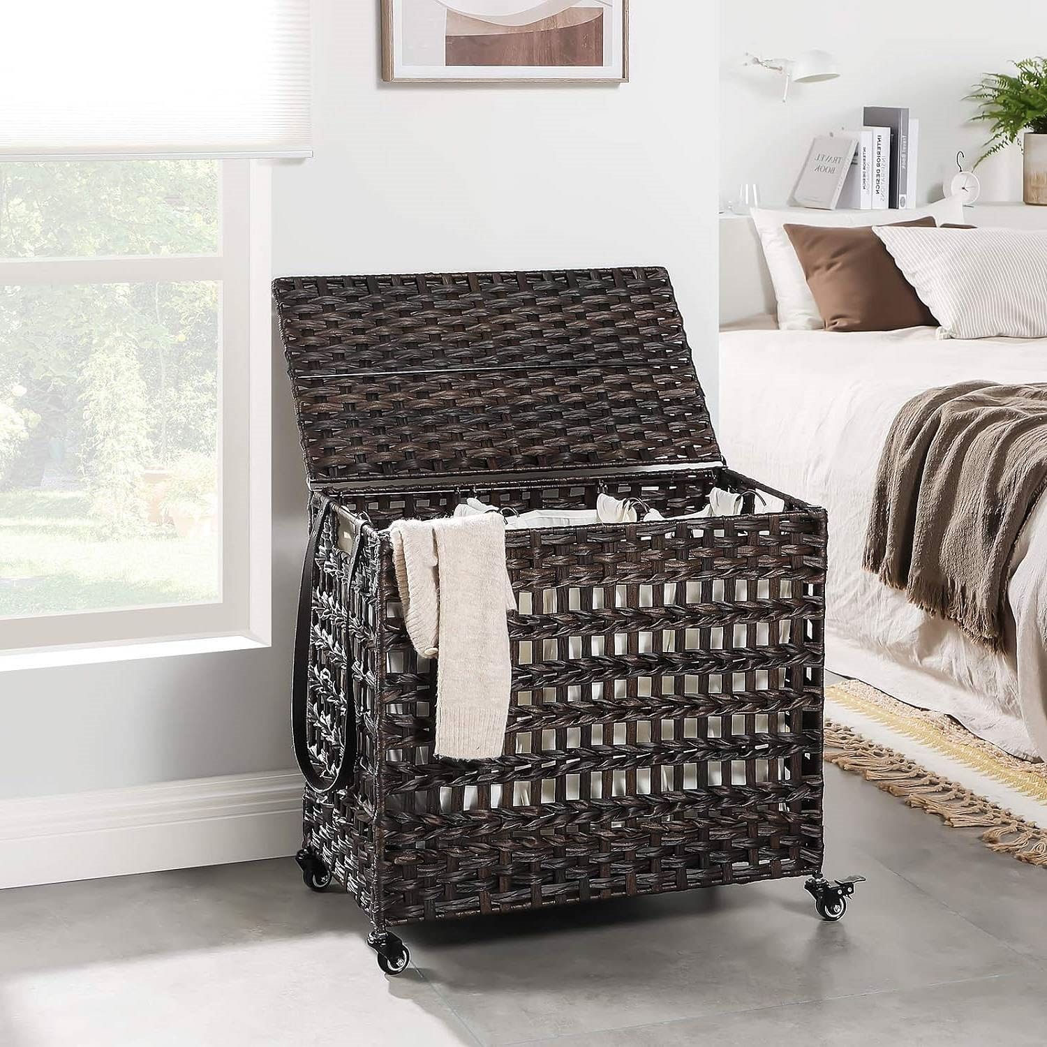 Brown PP Rattan 3-Basket Laundry Hamper Sorter Cart with Removable Cotton Bags - Free Shipping 