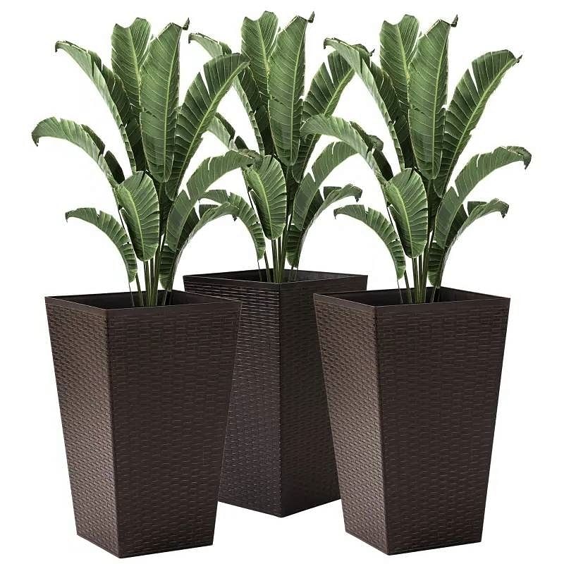 Set of 3 - Brown Faux Rattan Plastic Tall Large Flower Pots - Free Shipping 