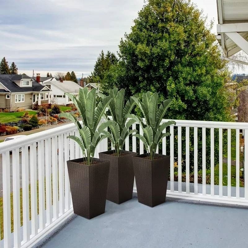 Set of 3 - Brown Faux Rattan Plastic Tall Large Flower Pots - Free Shipping 