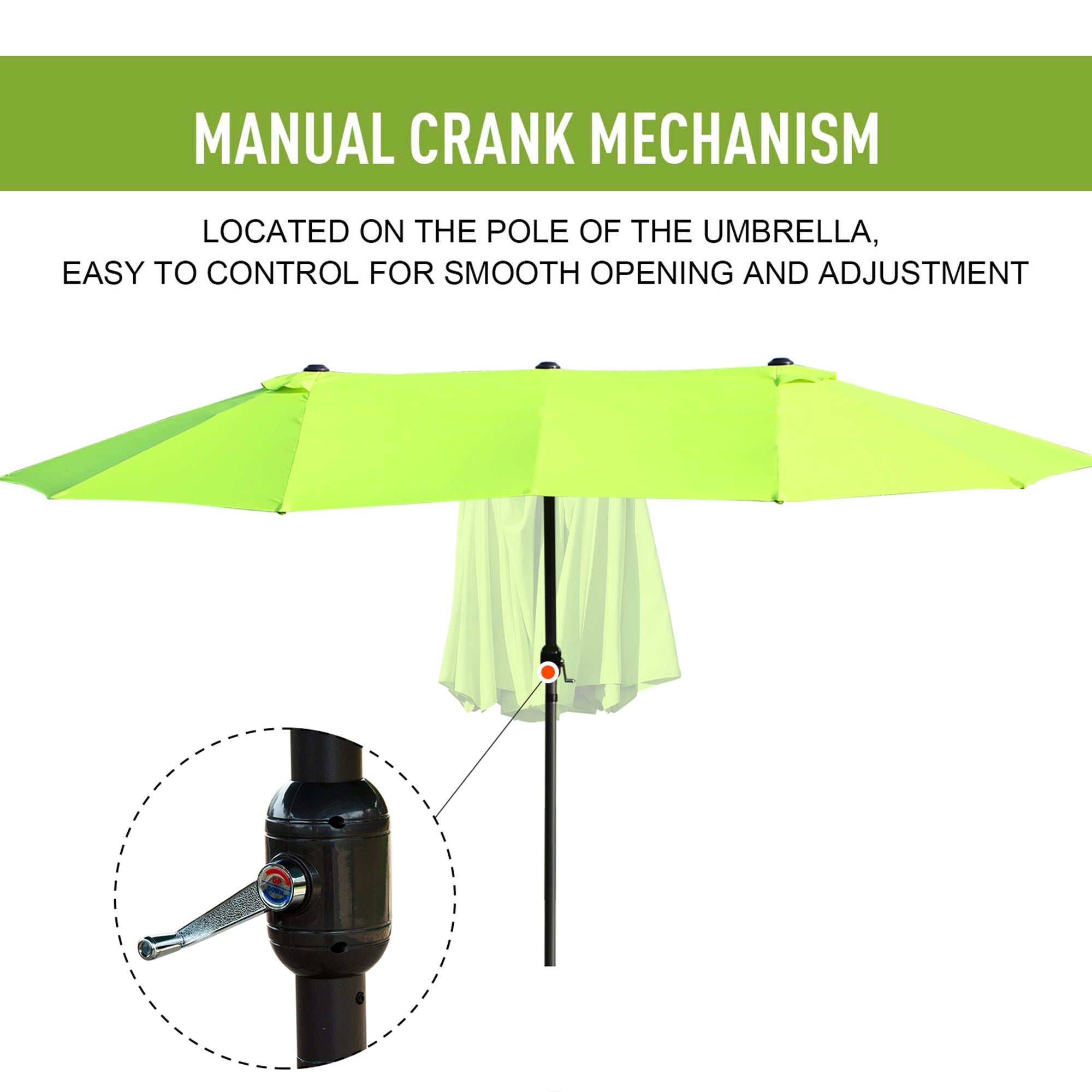 Outsunny 15ft Twin Canopy Patio Umbrella - Sunshade with Steel Table, Lift Crank in Green for Outdoor Comfort 