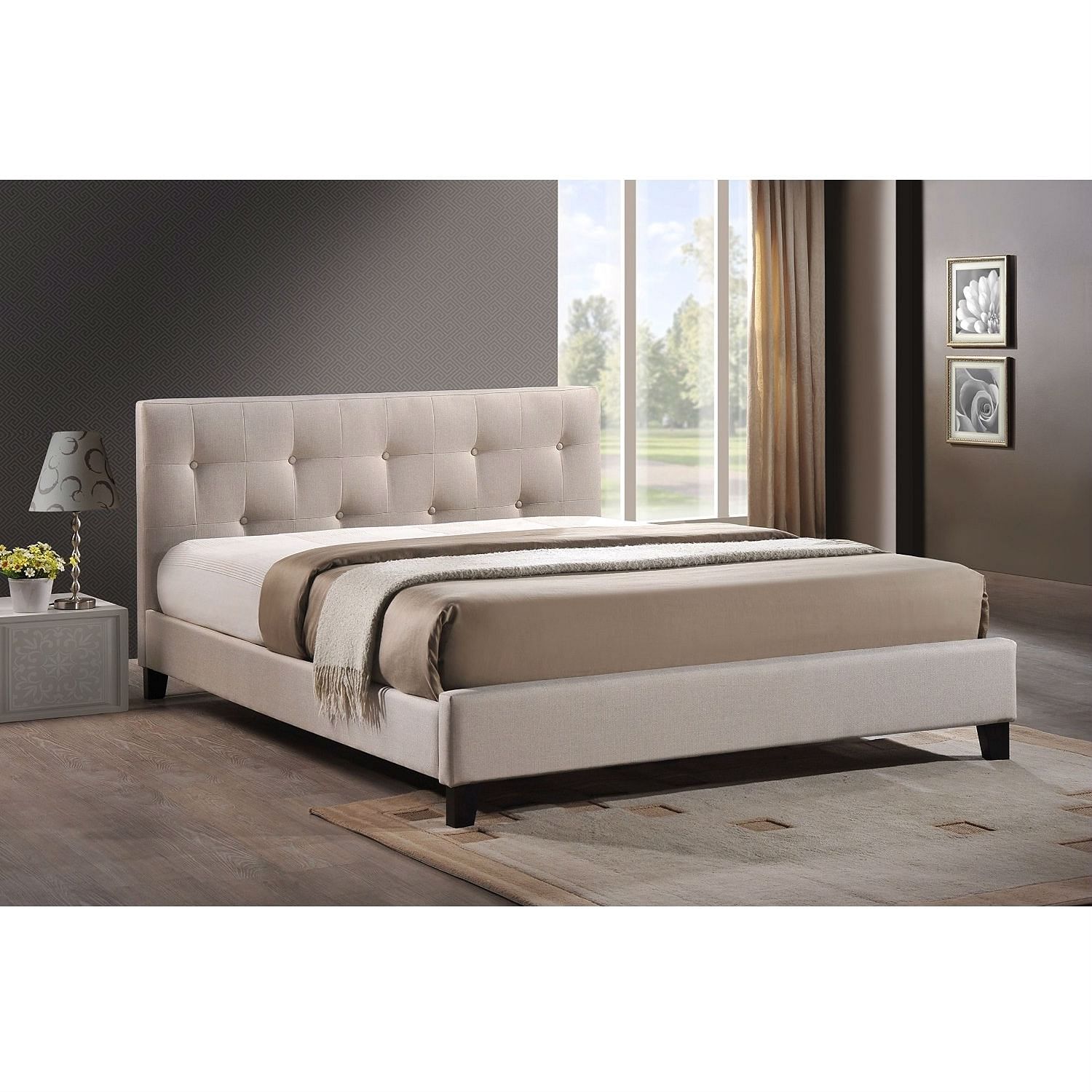 Full size Modern Platform Bed with Beige Fabric Upholstered Headboard - Free Shipping