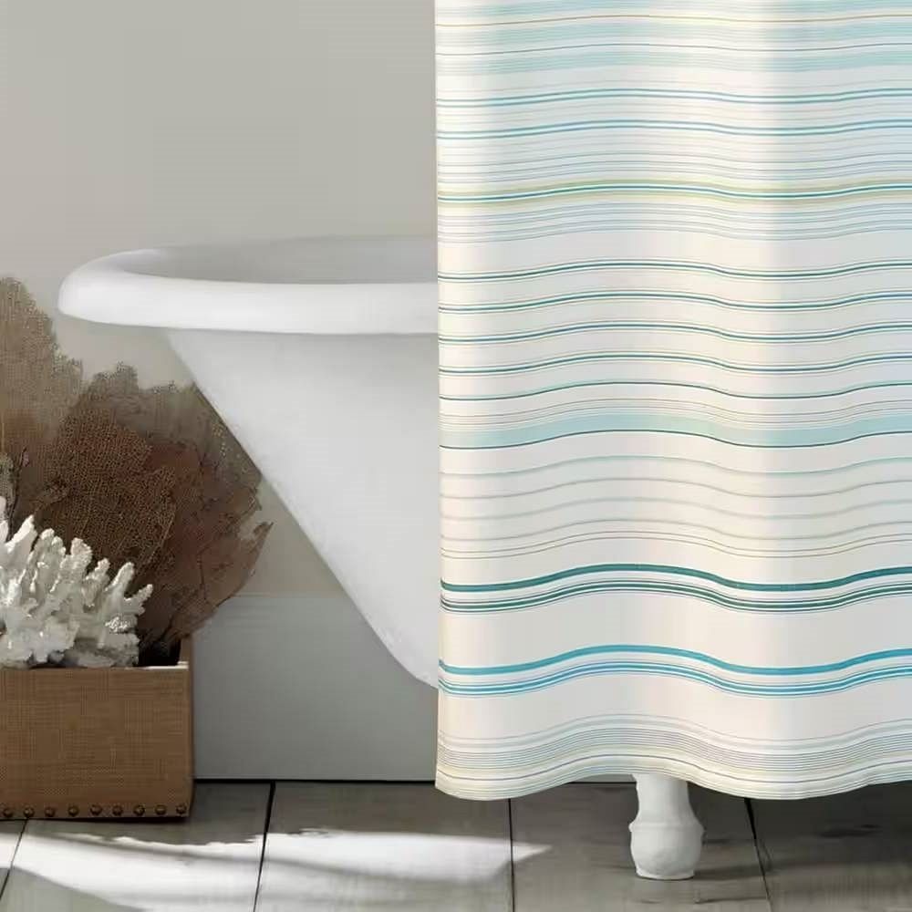 72-inch Sea Breeze Blue Green White Cabana Stripe Cotton Shower Curtain - Free Shipping 