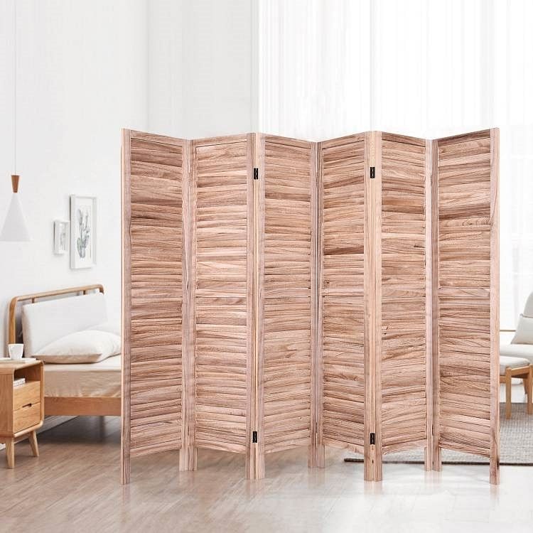 6-Panel Classic Louver Slatted Room Divider Screen in Brown Wood Finish - Free Shipping 
