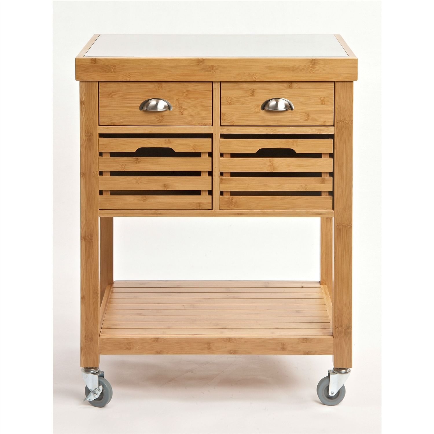 Stainless Steel Top Bamboo Wood Kitchen Cart with Casters - Free Shipping