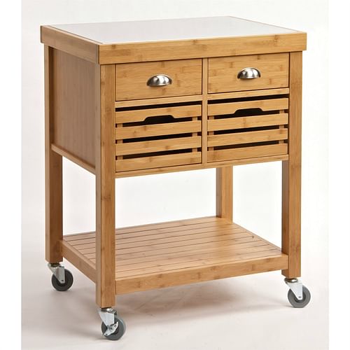 Stainless Steel Top Bamboo Wood Kitchen Cart with Casters - Free Shipping