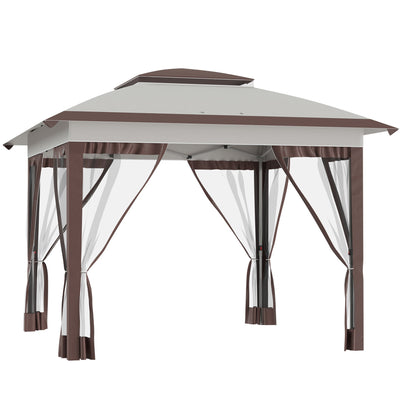 Outsunny 12'x12' Pop Up Canopy Sun Shade Instant Tent with Mesh Sidewalls Adjustable Height Storage Bag Beige 