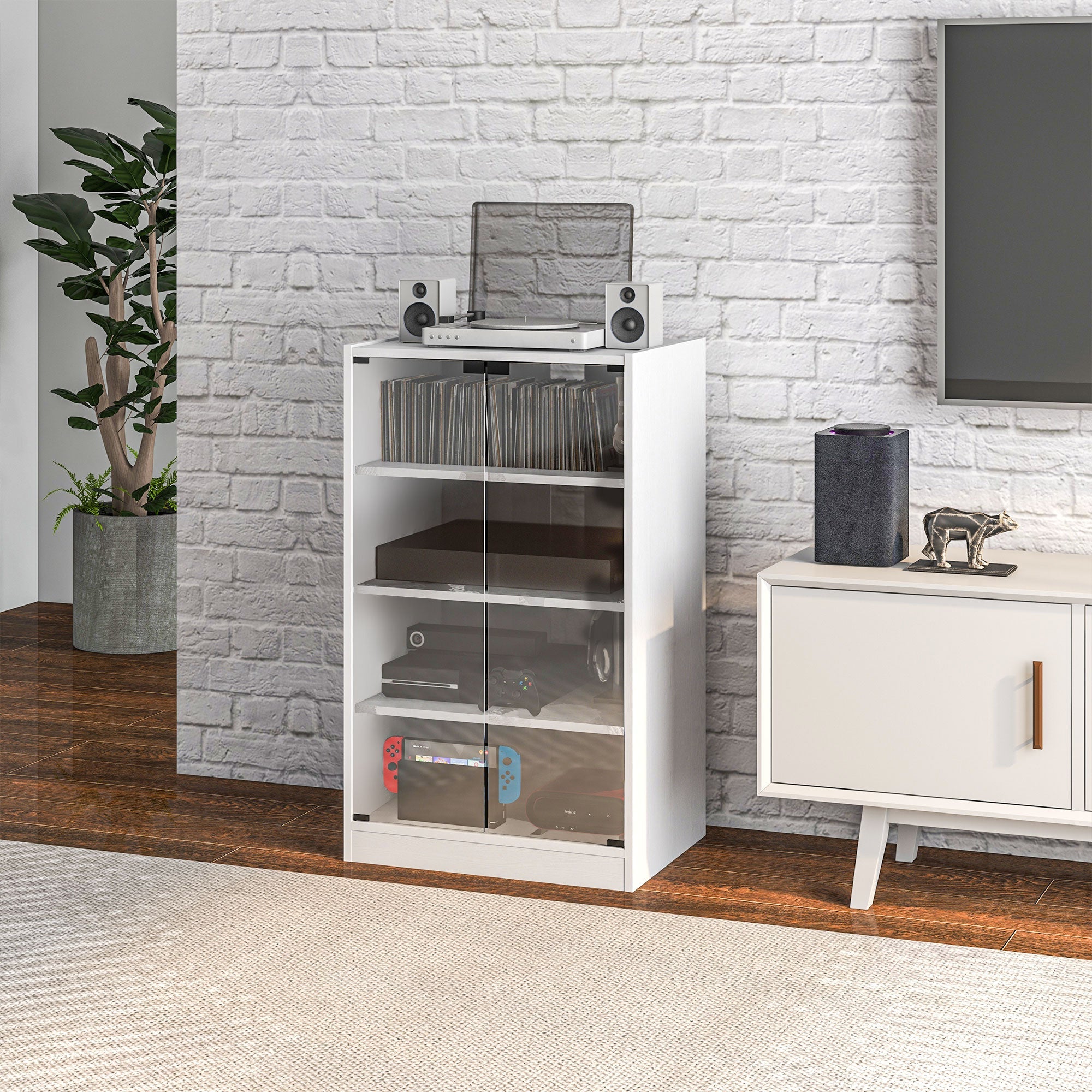 HOMCOM Distressed White Media Stand: 5-Tier with Adjustable Shelves, Tempered Glass & Cable Management 