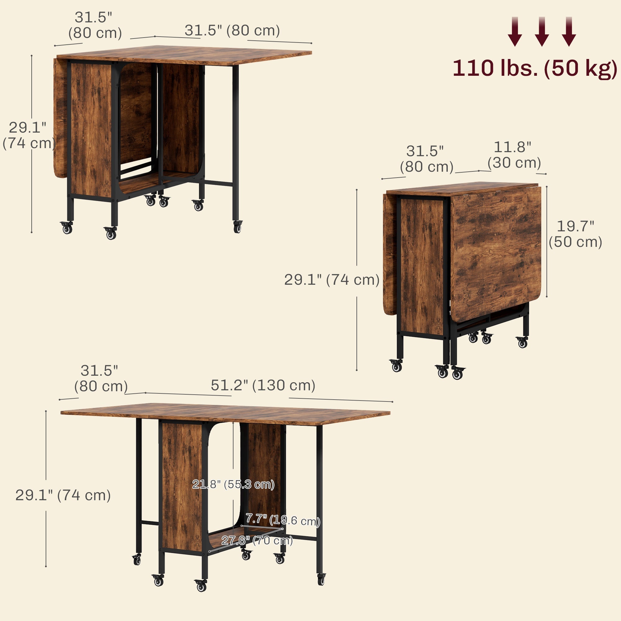 HOMCOM Folding Dining Table, Extendable Kitchen Table for Small Spaces with Storage Shelf and 6 Wheels, Rustic Brown 