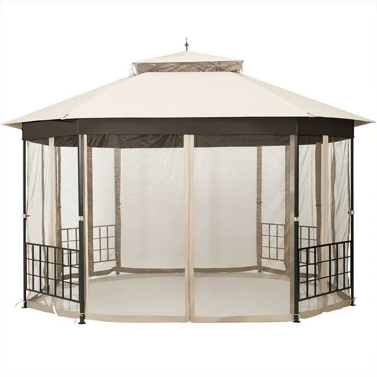 Outdoor 10 x 12 Ft Octagon Gazebo with Mosquito Net Sidewalls and Beige Canopy - Free Shipping 