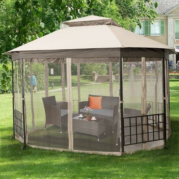 Outdoor 10 x 12 Ft Octagon Gazebo with Mosquito Net Sidewalls and Beige Canopy - Free Shipping 