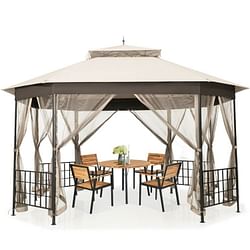 Outdoor 10 x 12 Ft Octagon Gazebo with Mosquito Net Sidewalls and Beige Canopy - Free Shipping 