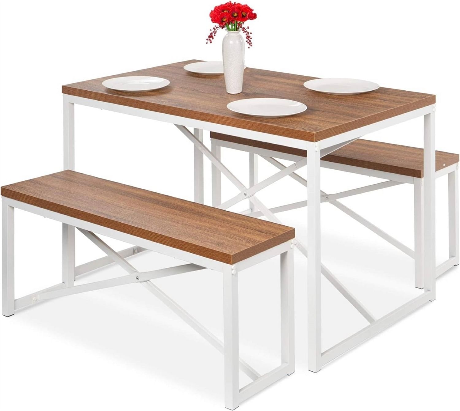 Modern 3-Piece Dining Set Wood Top White Metal Frame Table and 2 Bench Chairs - Free Shipping 