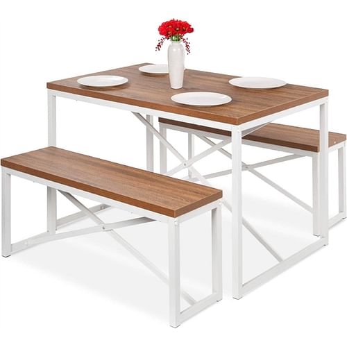 Modern 3-Piece Dining Set Wood Top White Metal Frame Table and 2 Bench Chairs - Free Shipping 