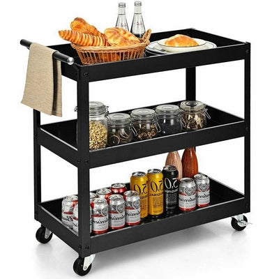 Black Steel Frame Kitchen Serving Utility Cart on Wheels with 2 Bottom Shelves - Free Shipping 